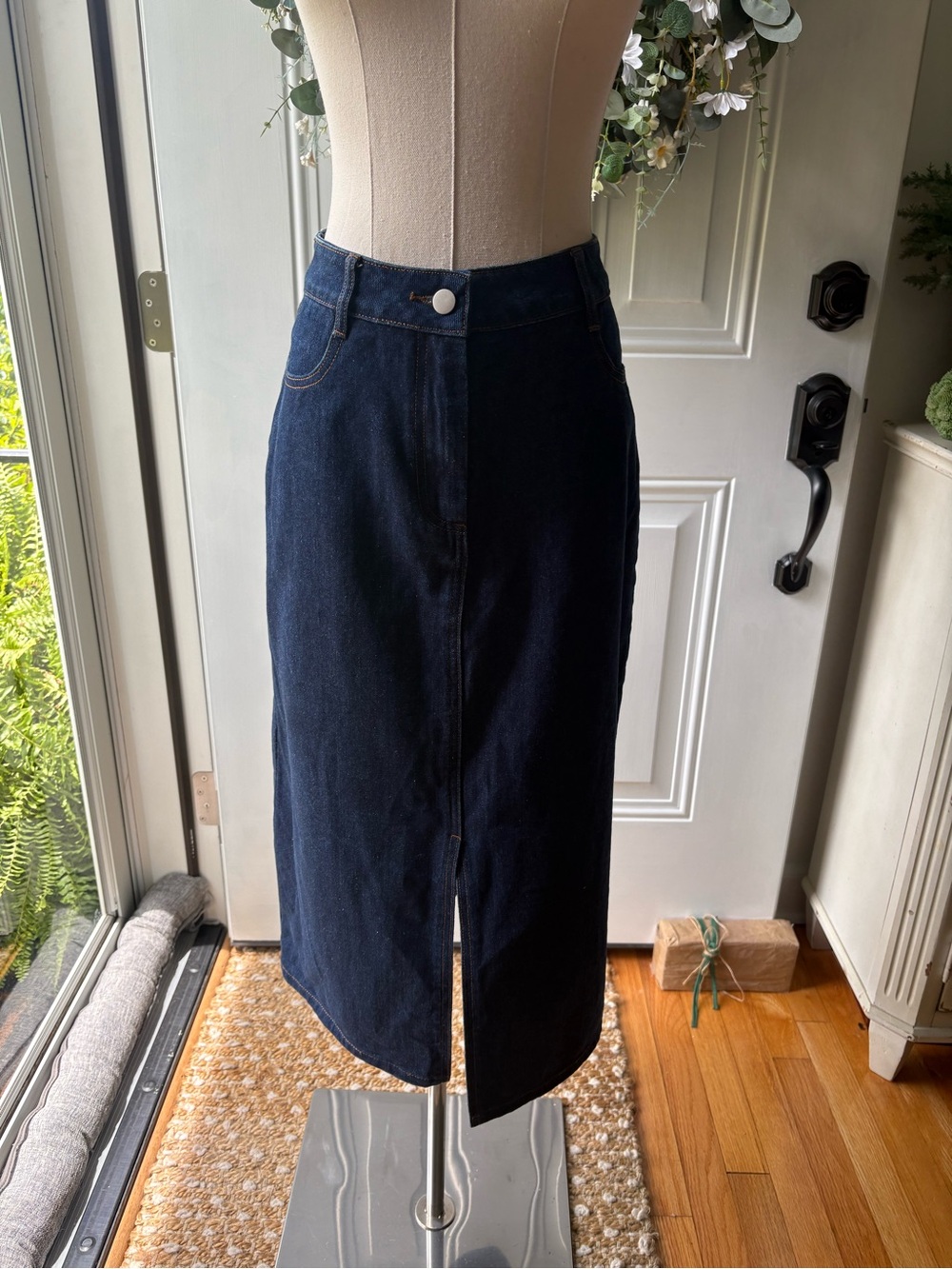 Karen Millen Navy Denim Midi Skirt with Front Slit